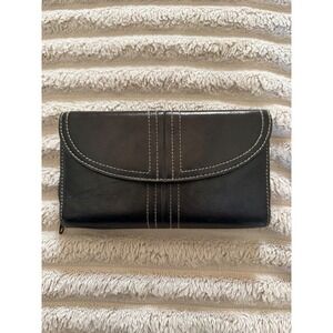 Buxton Women Leather Tri-Fold Clutch Wallet Espresso Brown Contrast Stitching
